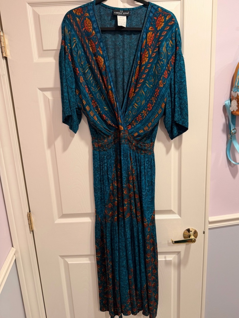 Vintage Carole Little Teal Floral Smocked Tie Waist Midi Maxi Dress 12